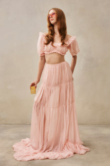 Scoop-Neck Lettuce-Trim Puff-Sleeve Cropped Top and Low-Rise Ruched Skirt Chiffon Set