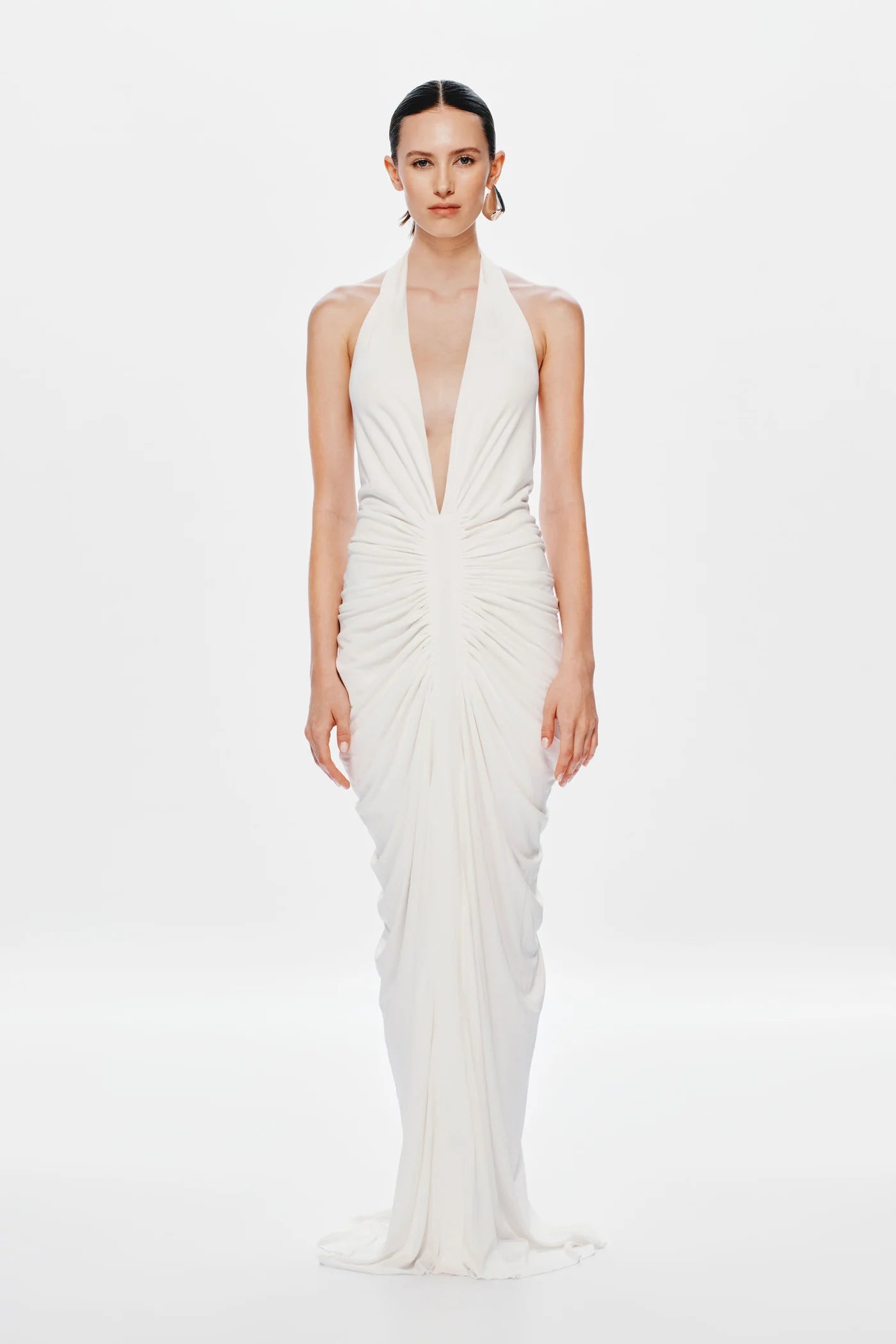 Deep-V Halter Backless Ruched Dress