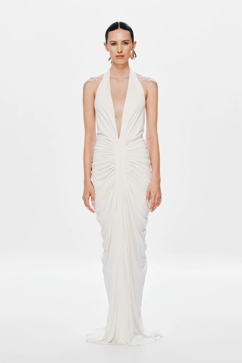 Deep-V Halter Backless Ruched Dress