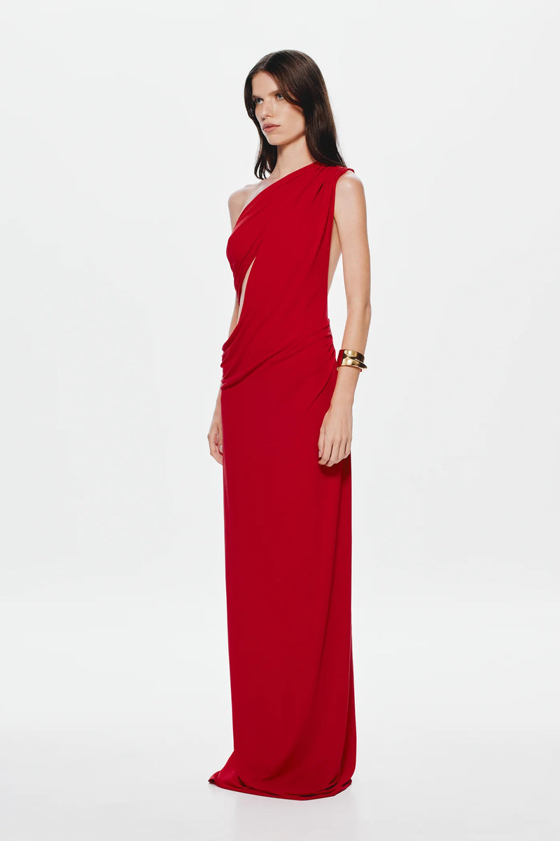 One-Shoulder Cross-Cutout Waist Grecian Dress