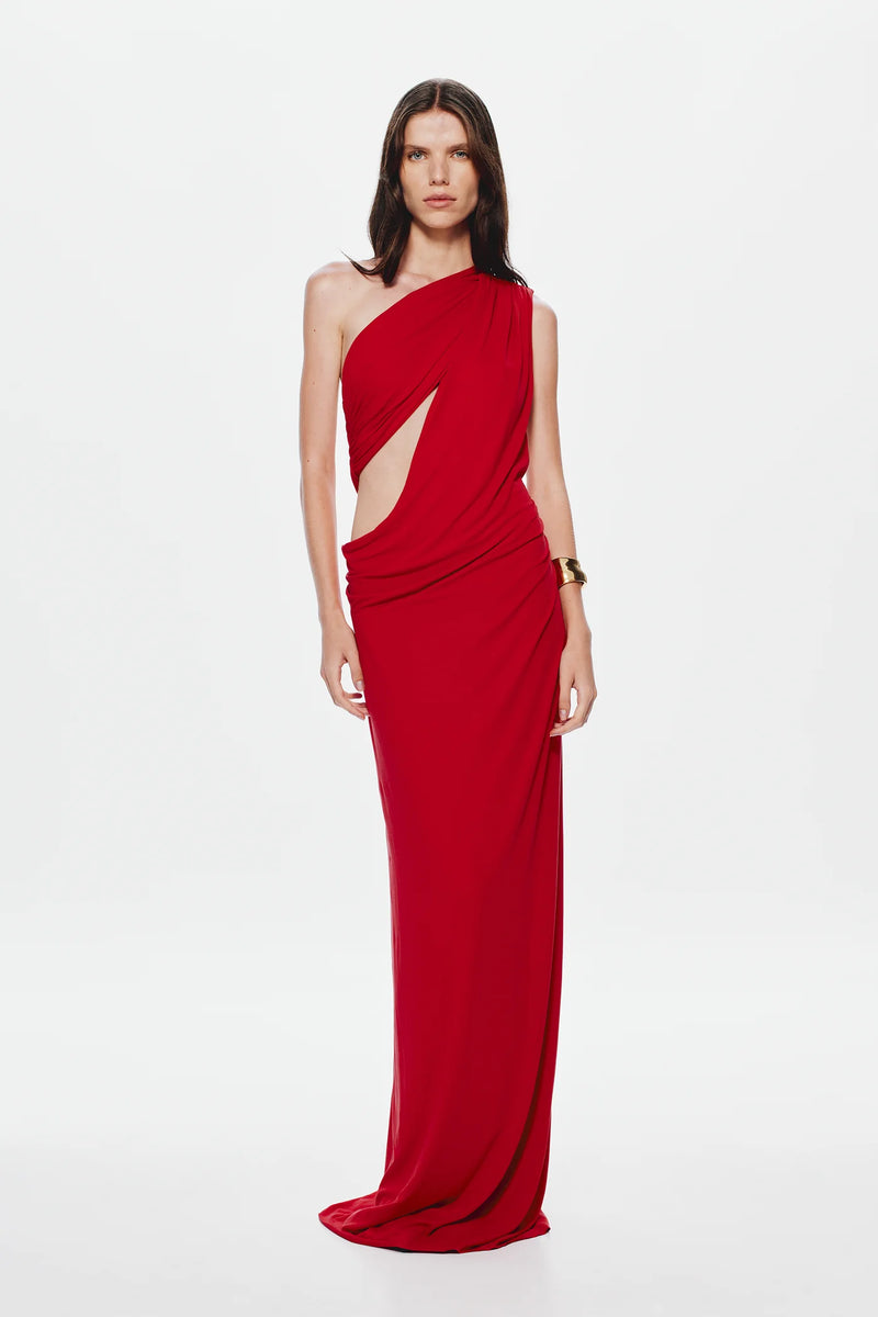 One-Shoulder Cross-Cutout Waist Grecian Dress