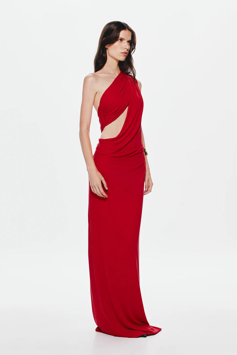 One-Shoulder Cross-Cutout Waist Grecian Dress