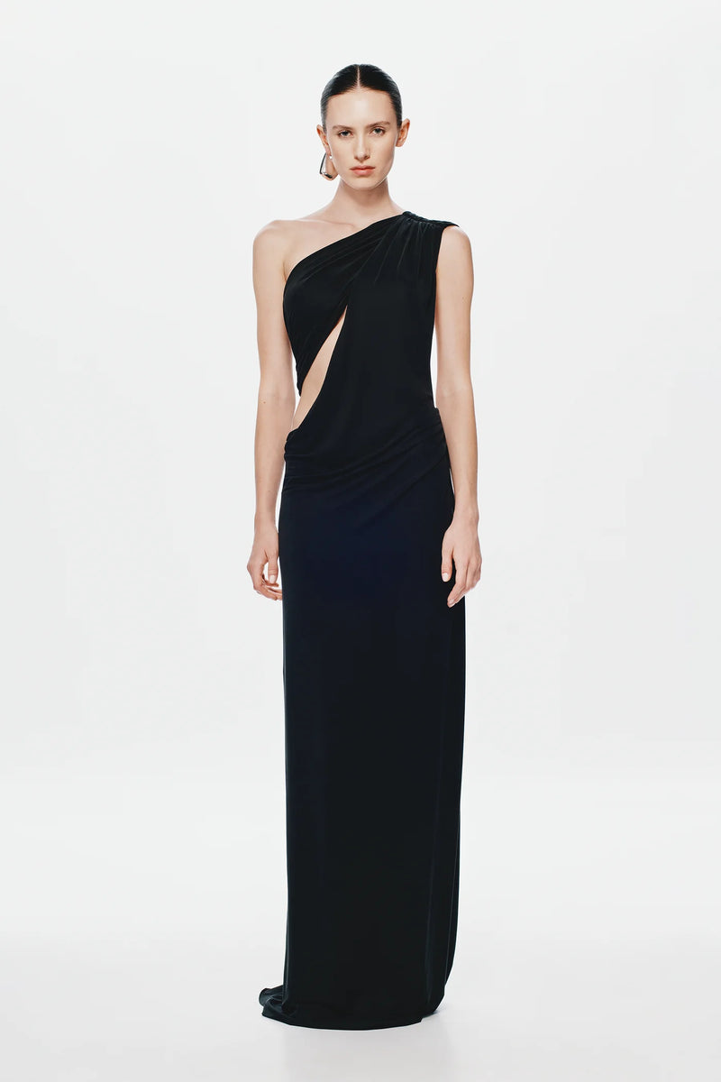 One-Shoulder Cross-Cutout Waist Grecian Dress