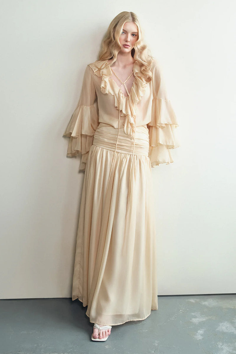 Chiffon Ruffle Collar Long Sleeve Blouse and Maxi Skirt Set