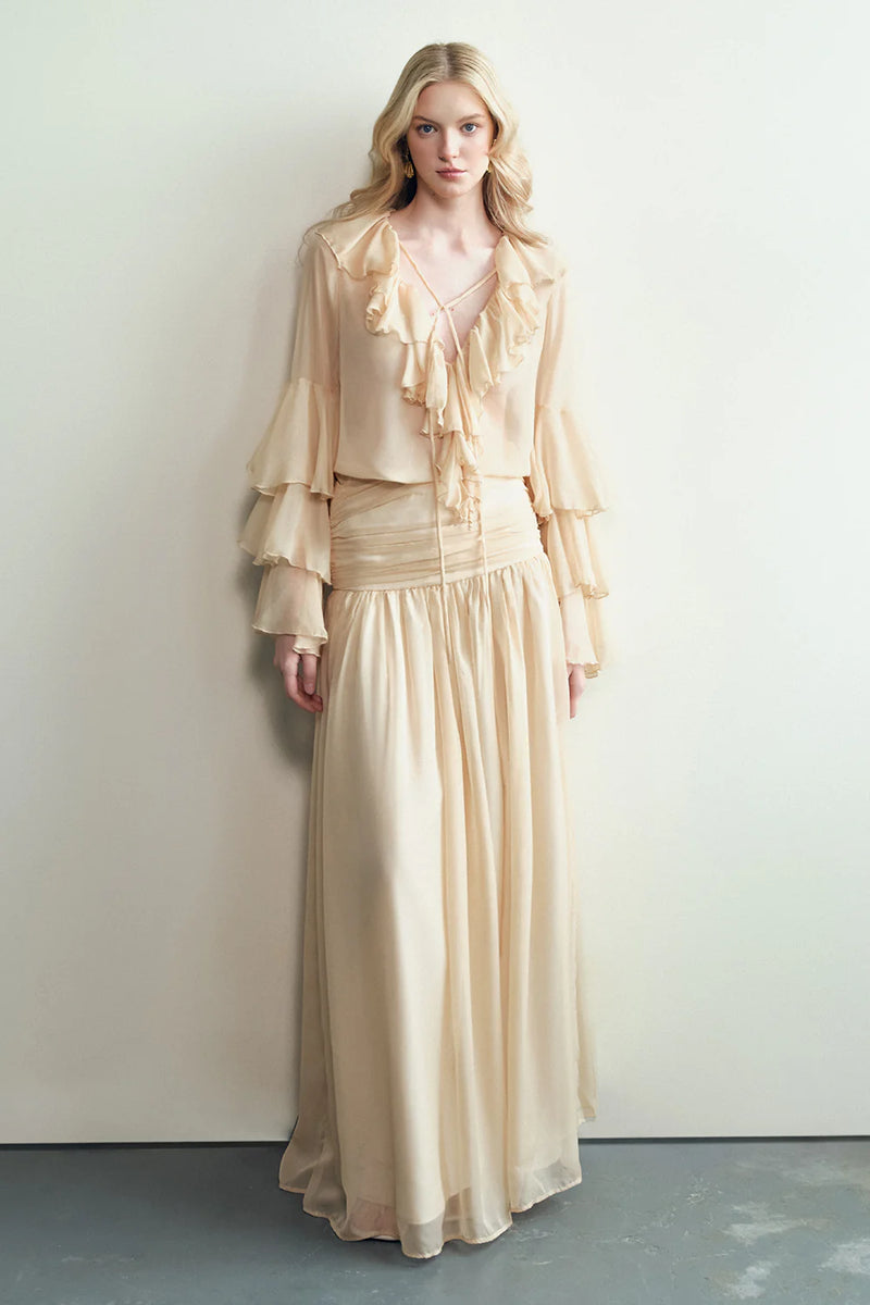 Chiffon Ruffle Collar Long Sleeve Blouse and Maxi Skirt Set