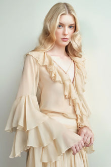 Chiffon Ruffle Collar Long Sleeve Blouse and Maxi Skirt Set