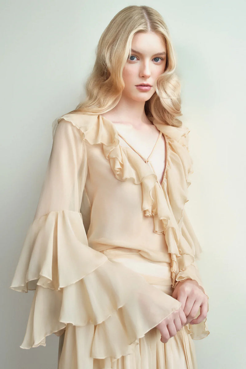 Chiffon Ruffle Collar Long Sleeve Blouse and Maxi Skirt Set