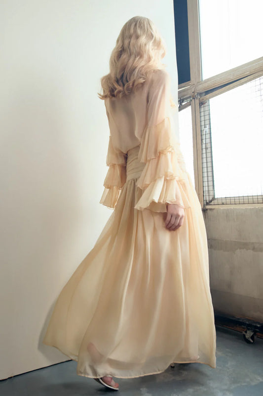 Chiffon Ruffle Collar Long Sleeve Blouse and Maxi Skirt Set