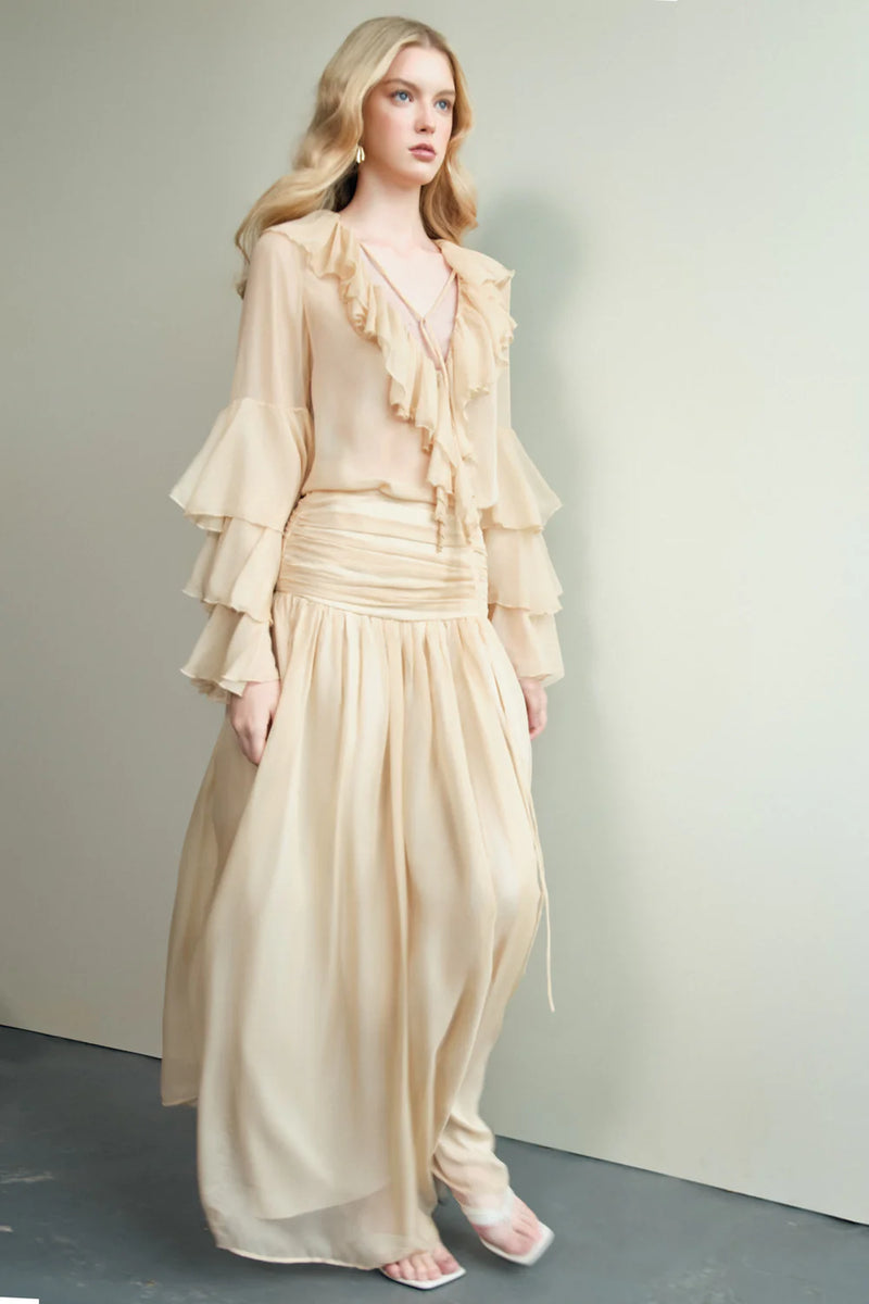 Chiffon Ruffle Collar Long Sleeve Blouse and Maxi Skirt Set