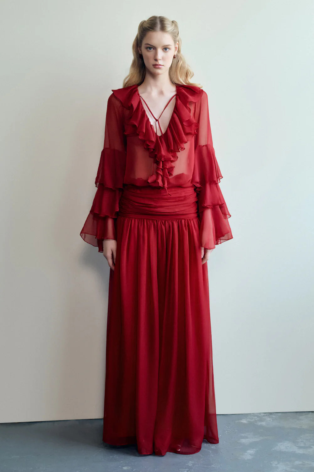 Chiffon Ruffle Collar Long Sleeve Blouse and Maxi Skirt Set