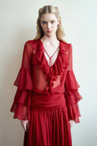 Chiffon Ruffle Collar Long Sleeve Blouse and Maxi Skirt Set