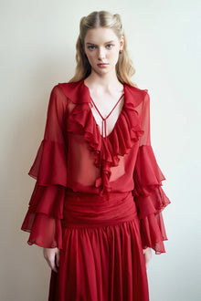 Chiffon Ruffle Collar Long Sleeve Blouse and Maxi Skirt Set