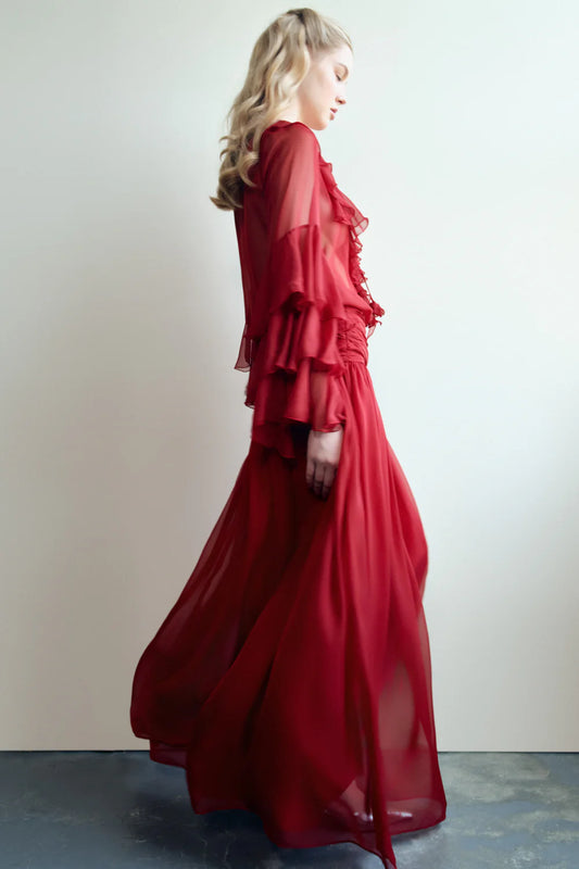Chiffon Ruffle Collar Long Sleeve Blouse and Maxi Skirt Set