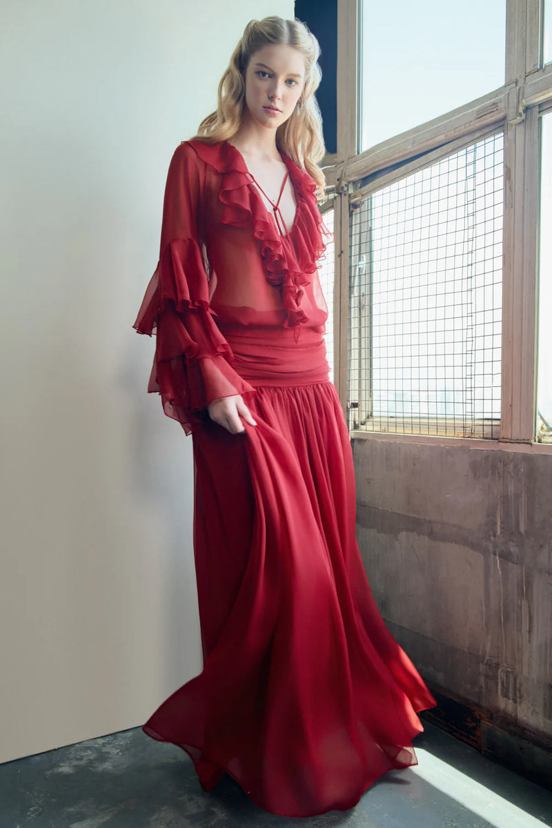 Chiffon Ruffle Collar Long Sleeve Blouse and Maxi Skirt Set