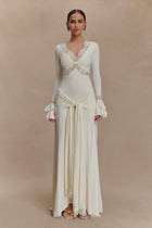 V-Neck Long-Sleeve Lace-Panel Waist-Drape Knit Dress