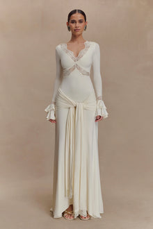 V-Neck Long-Sleeve Lace-Panel Waist-Drape Knit Dress