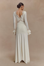 V-Neck Long-Sleeve Lace-Panel Waist-Drape Knit Dress