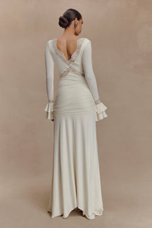 V-Neck Long-Sleeve Lace-Panel Waist-Drape Knit Dress