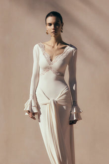 V-Neck Long-Sleeve Lace-Panel Waist-Drape Knit Dress