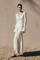 V-Neck Long-Sleeve Lace-Panel Waist-Drape Knit Dress