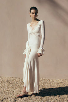 V-Neck Long-Sleeve Lace-Panel Waist-Drape Knit Dress