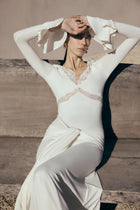 V-Neck Long-Sleeve Lace-Panel Waist-Drape Knit Dress