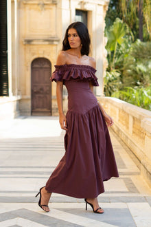 Off-Shoulder / Square-Neck Ruffle Midi Dress