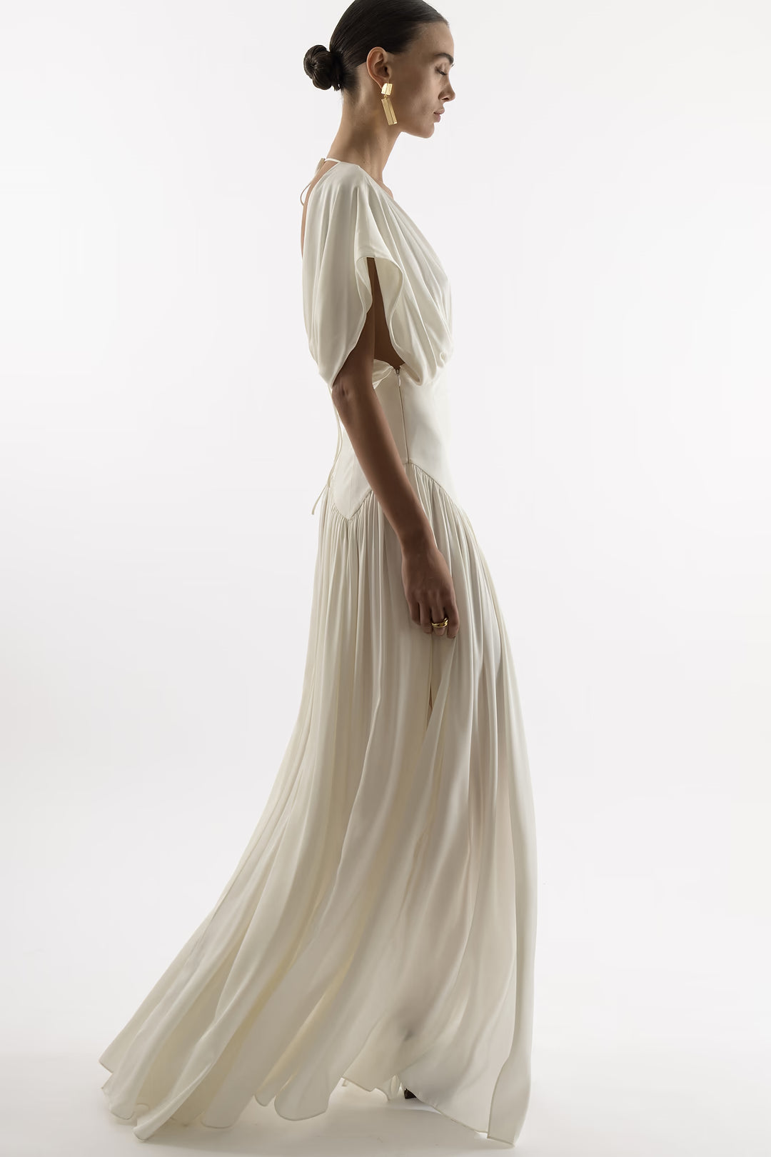 Deep V-Neck Shoulder-Drape Ruched Waist Side-Slit Backless Dress