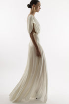 Deep V-Neck Shoulder-Drape Ruched Waist Side-Slit Backless Dress