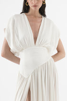 Deep V-Neck Shoulder-Drape Ruched Waist Side-Slit Backless Dress