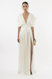 Deep V-Neck Shoulder-Drape Ruched Waist Side-Slit Backless Dress