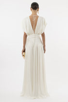 Deep V-Neck Shoulder-Drape Ruched Waist Side-Slit Backless Dress