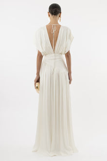 Deep V-Neck Shoulder-Drape Ruched Waist Side-Slit Backless Dress