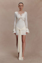V-Neck Long-Sleeve Lace-Panel Waist-Drape Knit Mini Dress