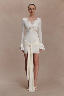V-Neck Long-Sleeve Lace-Panel Waist-Drape Knit Mini Dress