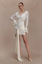 V-Neck Long-Sleeve Lace-Panel Waist-Drape Knit Mini Dress