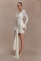 V-Neck Long-Sleeve Lace-Panel Waist-Drape Knit Mini Dress