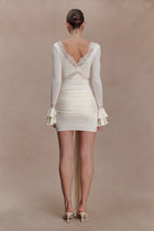 V-Neck Long-Sleeve Lace-Panel Waist-Drape Knit Mini Dress
