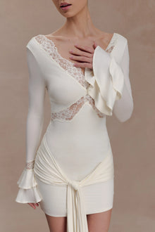 V-Neck Long-Sleeve Lace-Panel Waist-Drape Knit Mini Dress