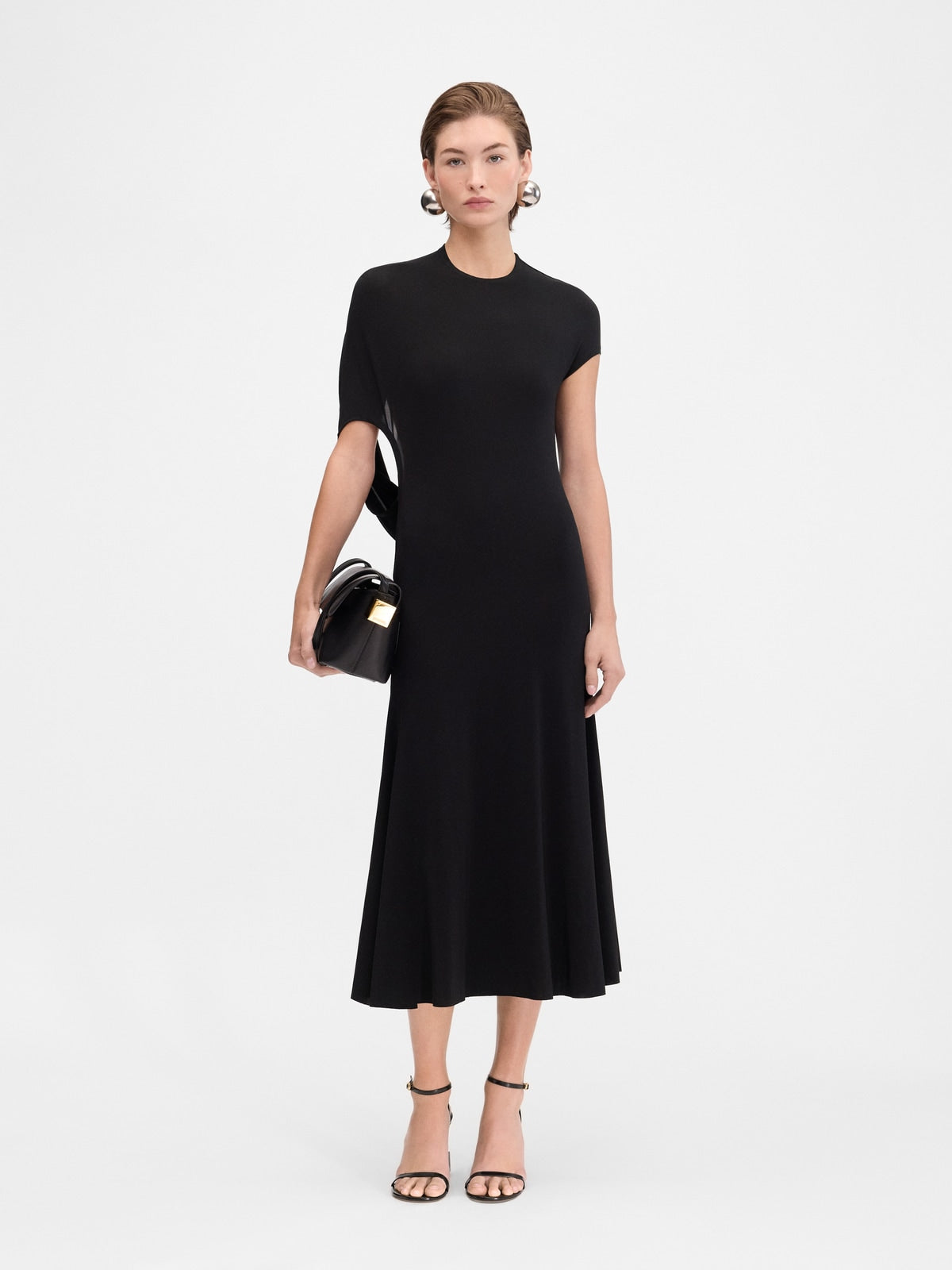 Crew-Neck Asymmetric-Sleeve Open-Back Black Knit Dress
