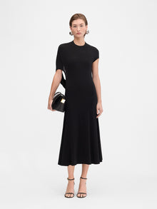 Crew-Neck Asymmetric-Sleeve Open-Back Black Knit Dress