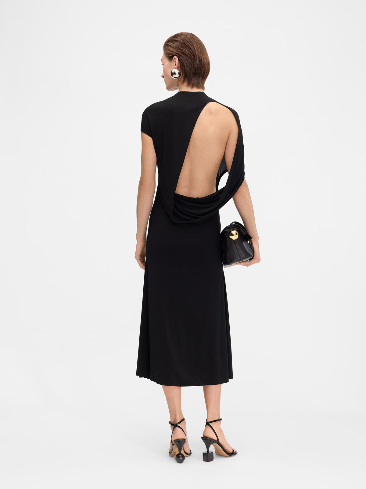 Crew-Neck Asymmetric-Sleeve Open-Back Black Knit Dress