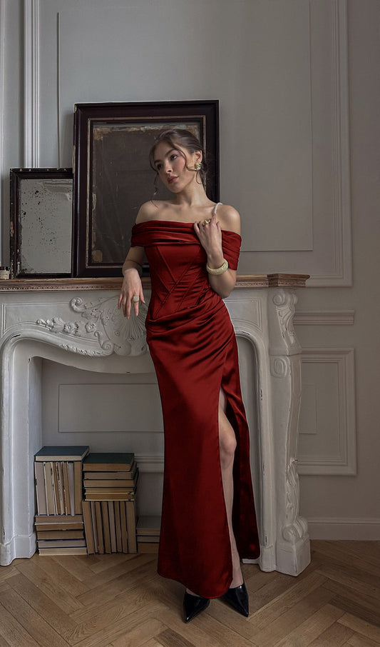 Satin Off Shoulder Diagonal Boning Maxi Dress
