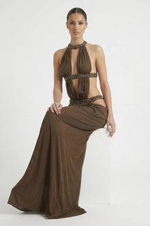 Crew-Neck Sleeveless Cutout Ruched Backless Dress