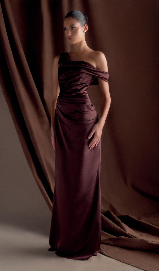 Off Shoulder Satin Maxi Dress