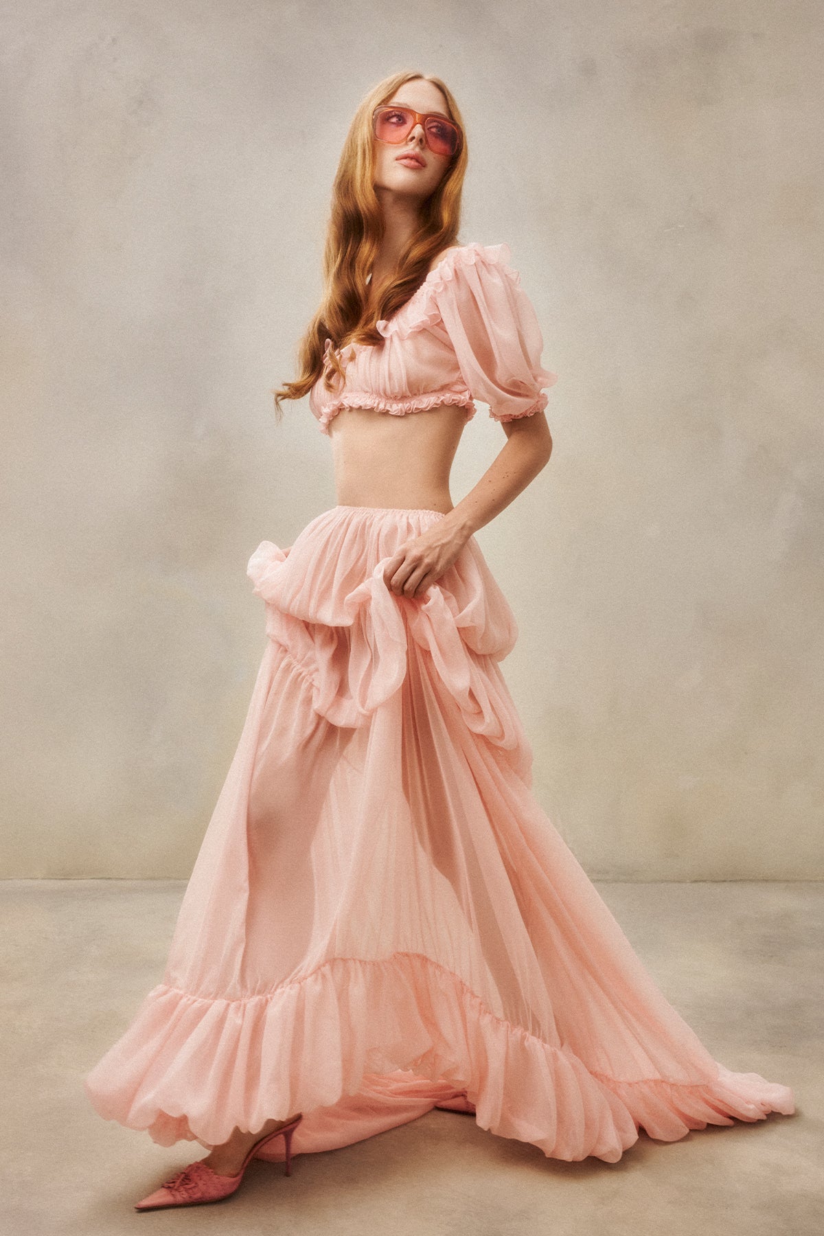 Scoop-Neck Lettuce-Trim Puff-Sleeve Cropped Top and Low-Rise Ruched Skirt Chiffon Set