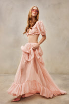 Scoop-Neck Lettuce-Trim Puff-Sleeve Cropped Top and Low-Rise Ruched Skirt Chiffon Set