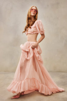 Scoop-Neck Lettuce-Trim Puff-Sleeve Cropped Top and Low-Rise Ruched Skirt Chiffon Set