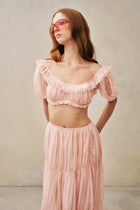Scoop-Neck Lettuce-Trim Puff-Sleeve Cropped Top and Low-Rise Ruched Skirt Chiffon Set
