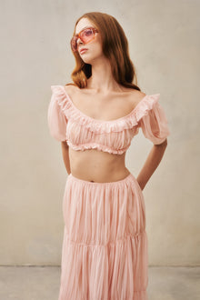 Scoop-Neck Lettuce-Trim Puff-Sleeve Cropped Top and Low-Rise Ruched Skirt Chiffon Set